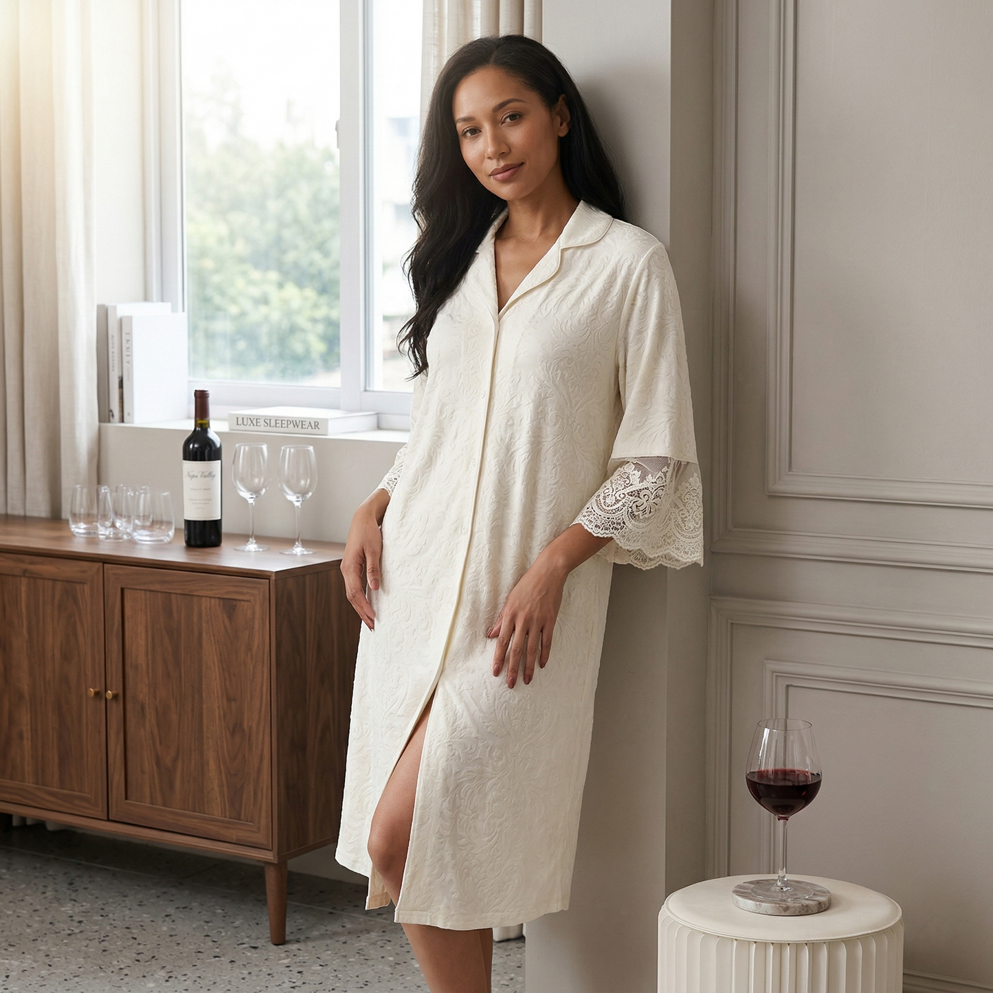 Premium Modal Jacquard Sleep Dress - Lace Trim Edition